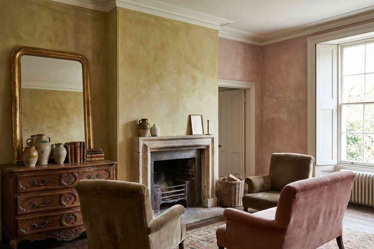 Parete decorata con carta da parati vintage a motivi floreali.